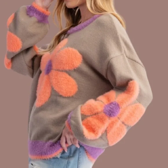 NEW Fabulous Boho Daisy Pattern Knit Relaxed Fit Pullover Sweater - Picture 3 of 5